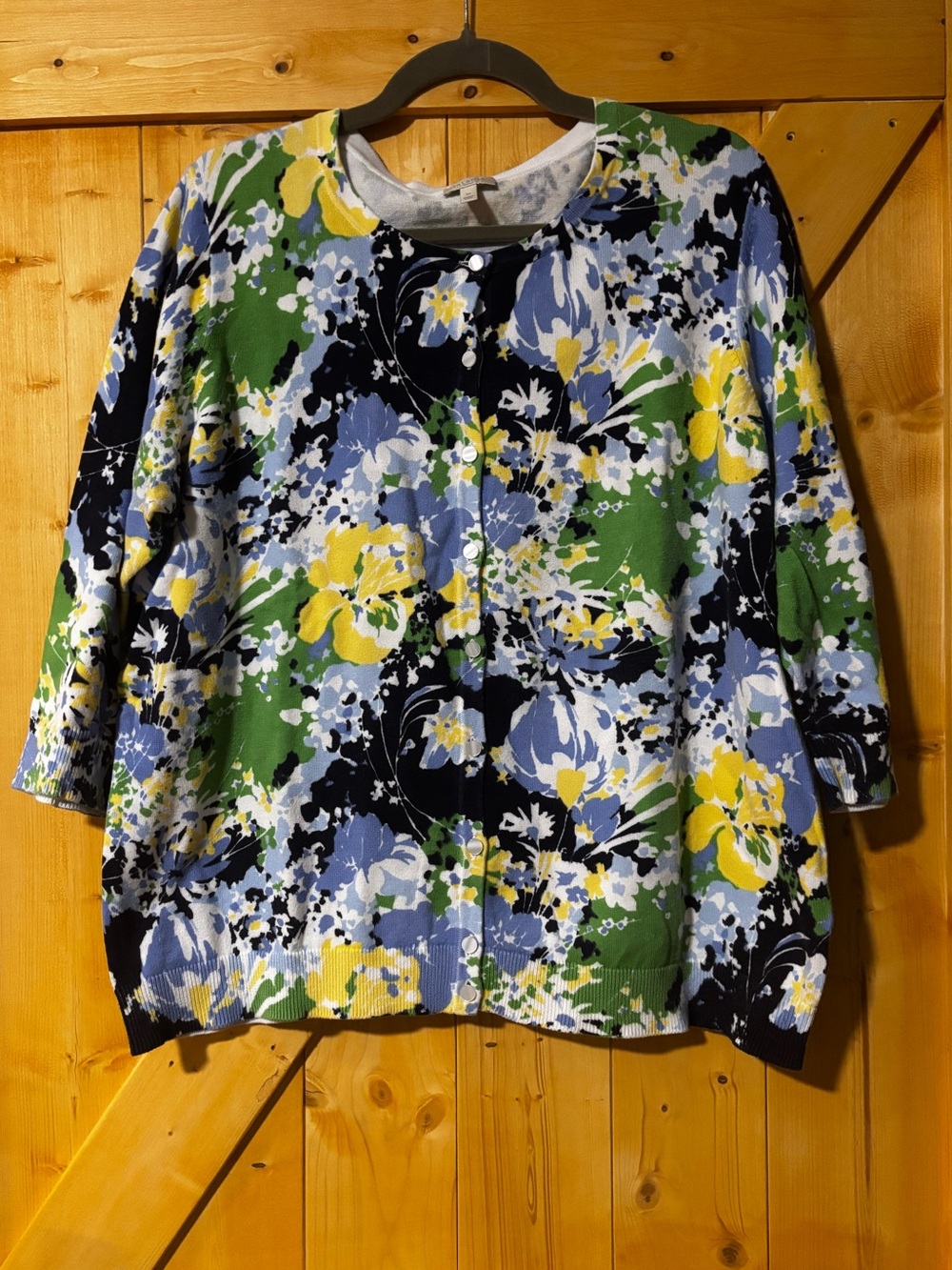 Talbots Woman Floral Button Front Cardigan 1X Blue Green Yellow Cotton